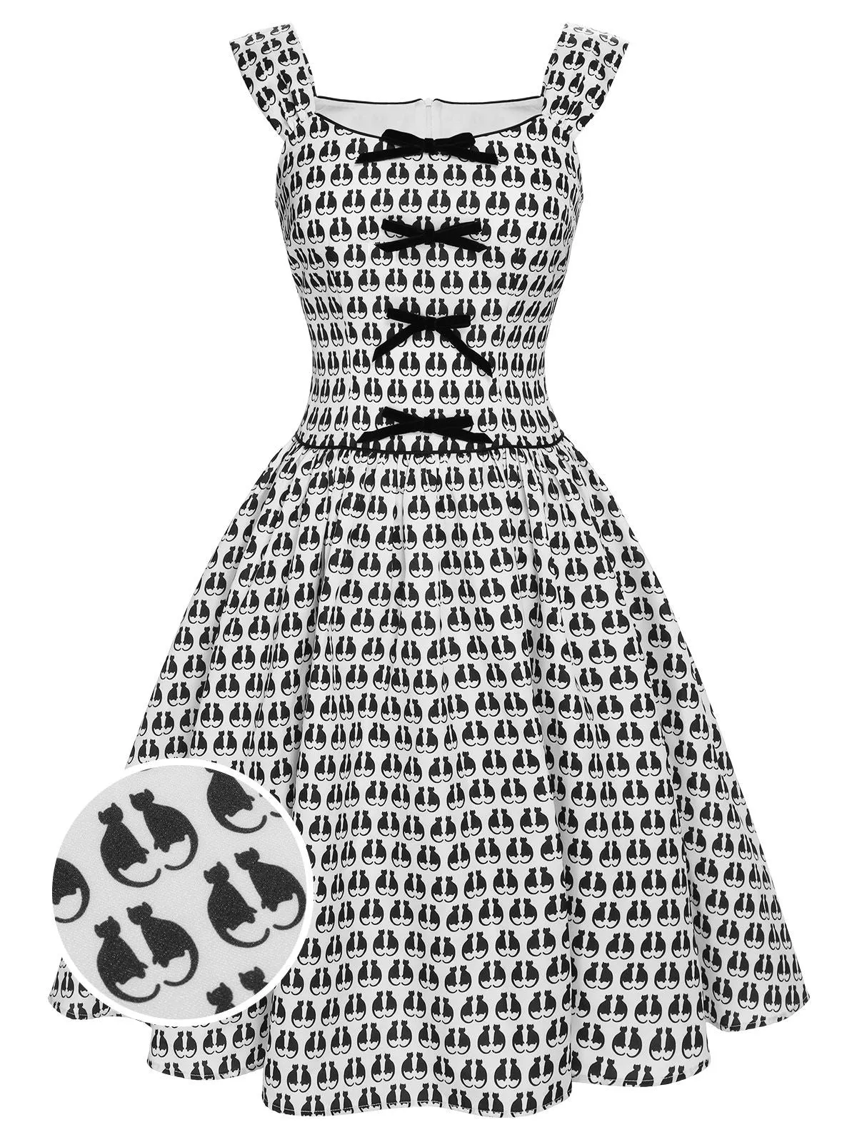 1950s Halloween Cat Print Velvet Bow Dress