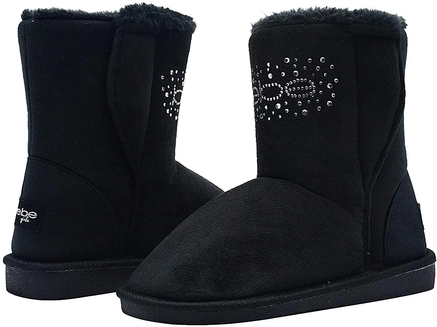 bebe Girls Big Kid Mid Calf Easy Pull-On Microsuede Winter Boots Embellished with Sparkly Rhinestones and Faux Fur Trim