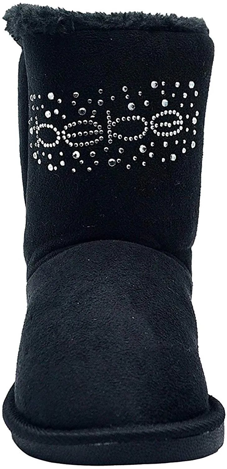 bebe Girls Big Kid Mid Calf Easy Pull-On Microsuede Winter Boots Embellished with Sparkly Rhinestones and Faux Fur Trim