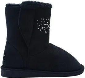 bebe Girls Big Kid Mid Calf Easy Pull-On Microsuede Winter Boots Embellished with Sparkly Rhinestones and Faux Fur Trim