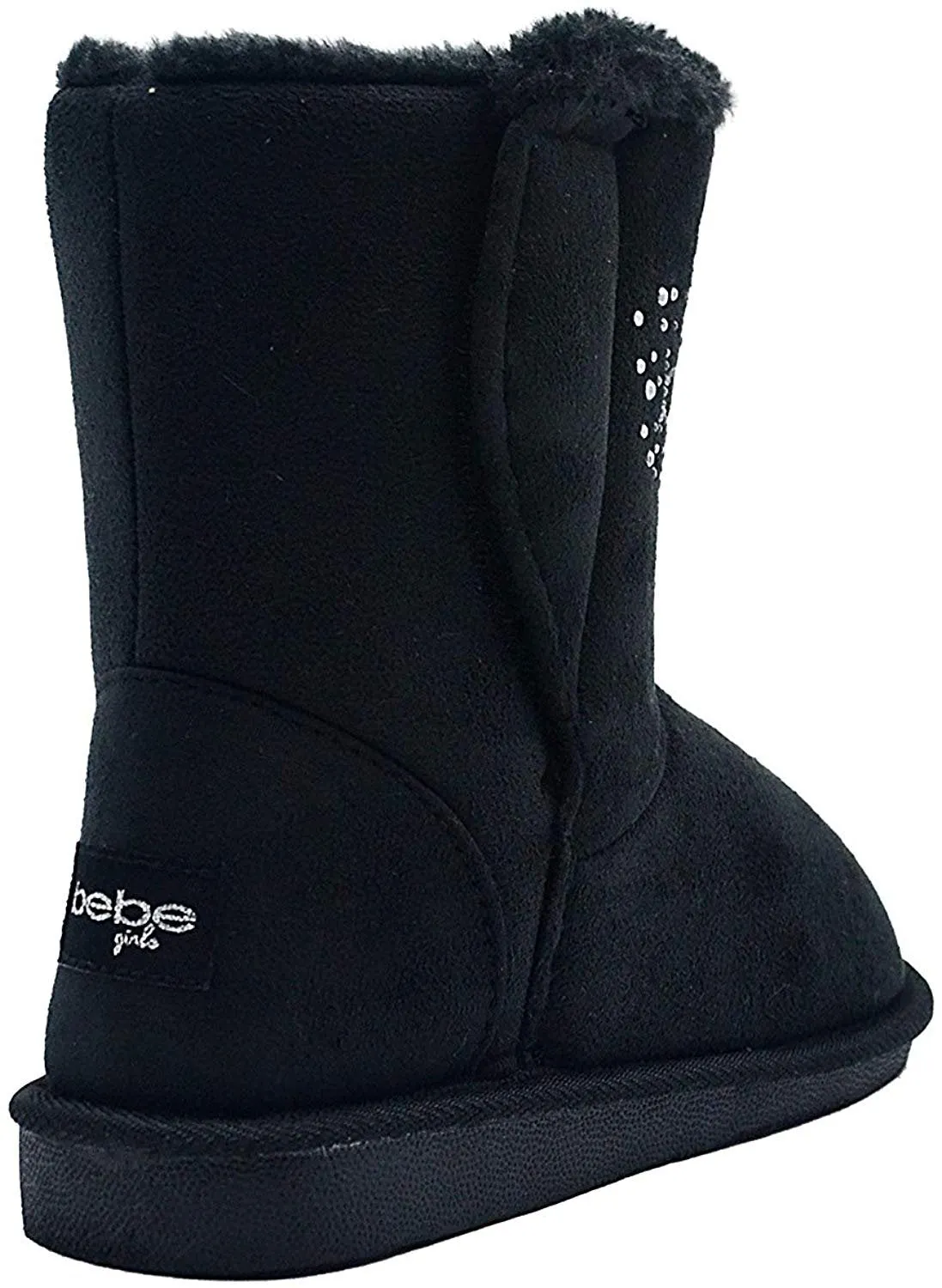 bebe Girls Big Kid Mid Calf Easy Pull-On Microsuede Winter Boots Embellished with Sparkly Rhinestones and Faux Fur Trim