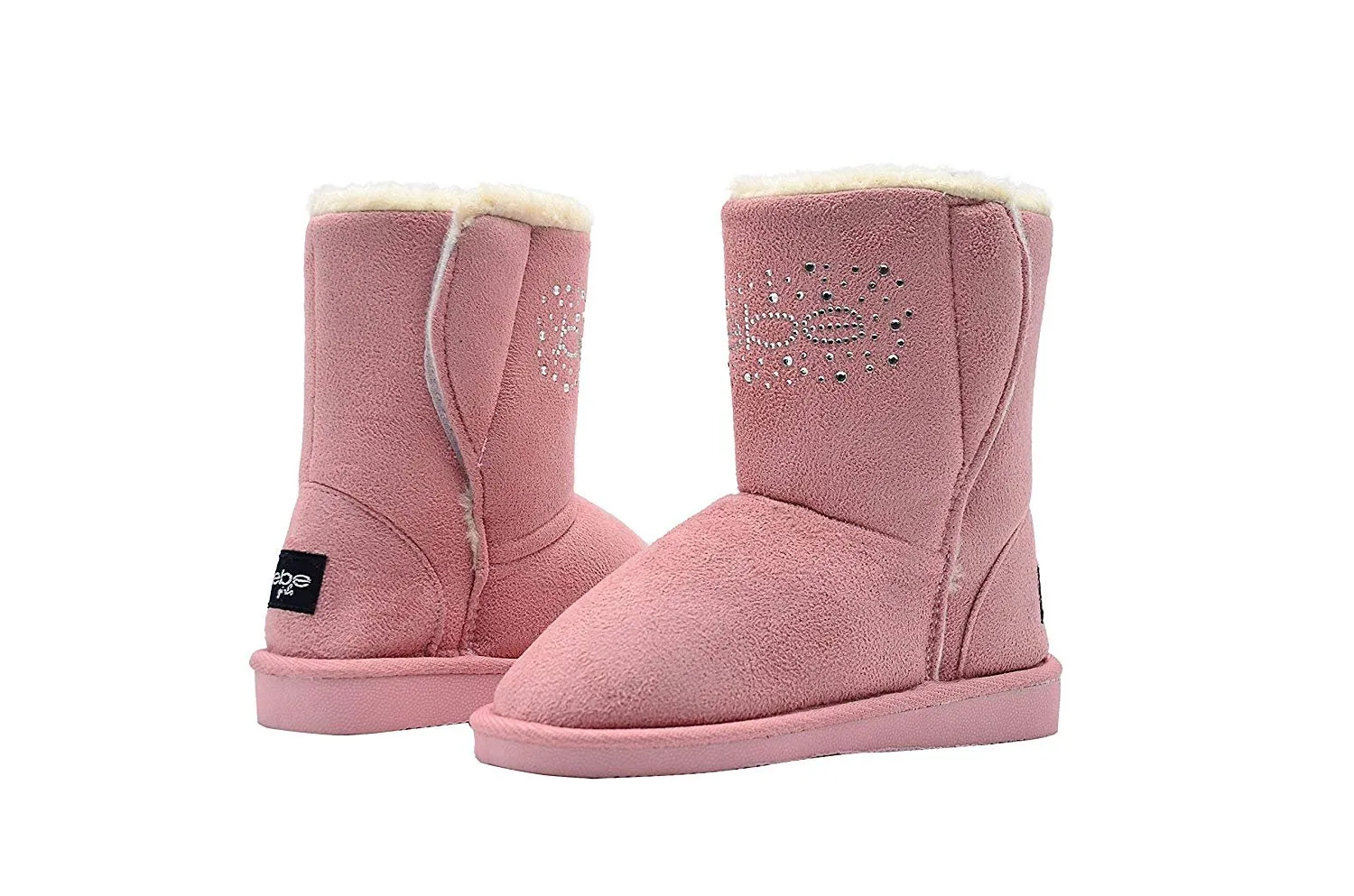 bebe Girls Big Kid Mid Calf Easy Pull-On Microsuede Winter Boots Embellished with Sparkly Rhinestones and Faux Fur Trim