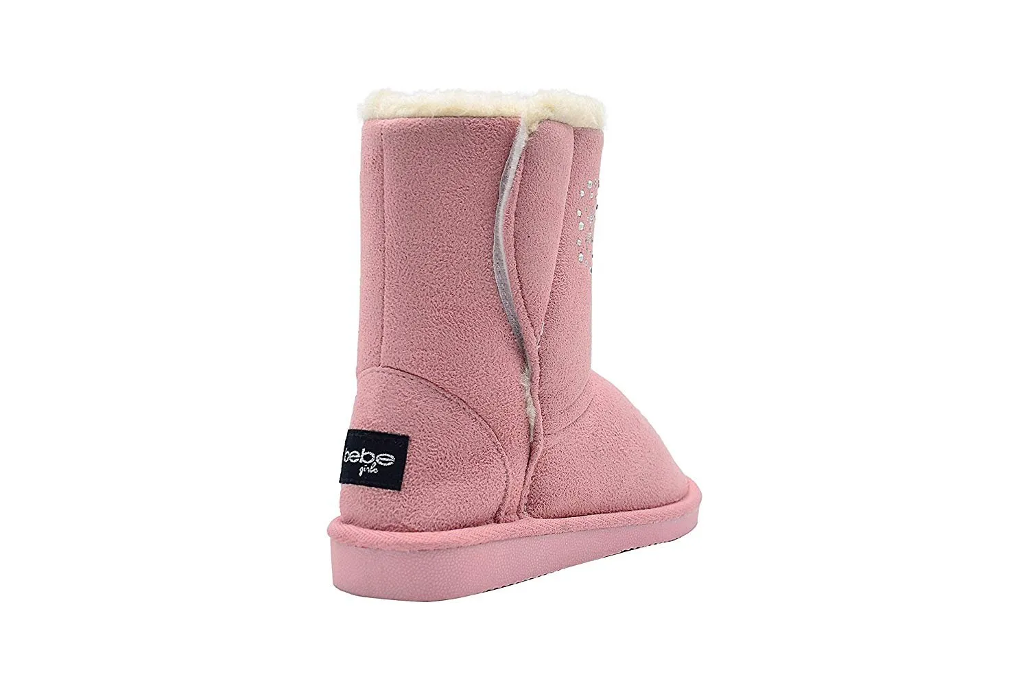 bebe Girls Big Kid Mid Calf Easy Pull-On Microsuede Winter Boots Embellished with Sparkly Rhinestones and Faux Fur Trim