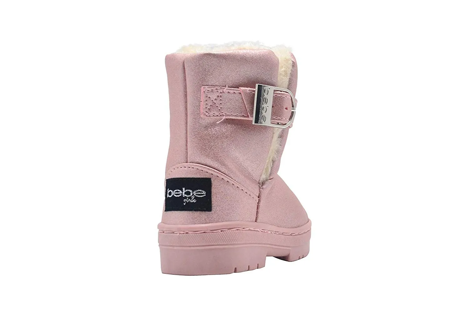 bebe Toddler Girls Little Kid Easy Pull On Mid Calf Sparkly Shimmery Winter Boots with Faux Fur Trim and Buckle