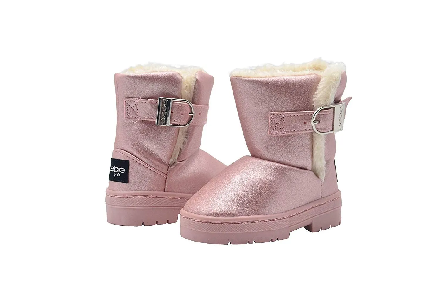 bebe Toddler Girls Little Kid Easy Pull On Mid Calf Sparkly Shimmery Winter Boots with Faux Fur Trim and Buckle