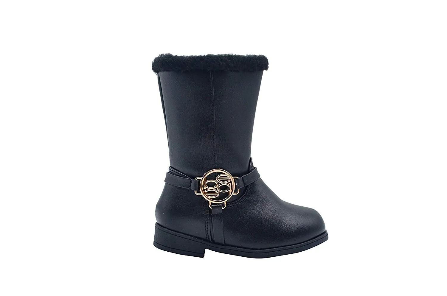 bebe Toddler Girls Little Kid Easy Pull On Mid Calf Winter Riding Boots Embellished with Faux Fur Trim and Metallic Medallion Logo