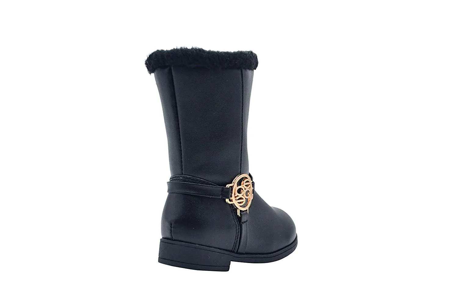 bebe Toddler Girls Little Kid Easy Pull On Mid Calf Winter Riding Boots Embellished with Faux Fur Trim and Metallic Medallion Logo