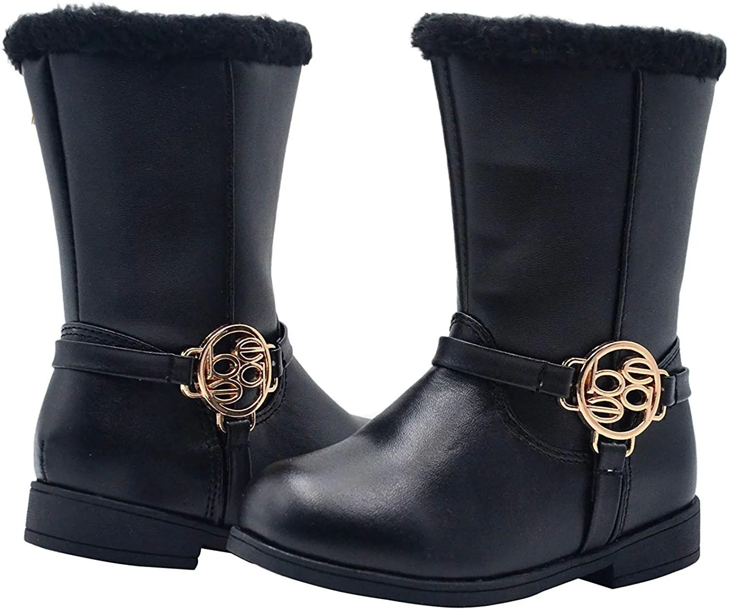 bebe Toddler Girls Little Kid Easy Pull On Mid Calf Winter Riding Boots Embellished with Faux Fur Trim and Metallic Medallion Logo