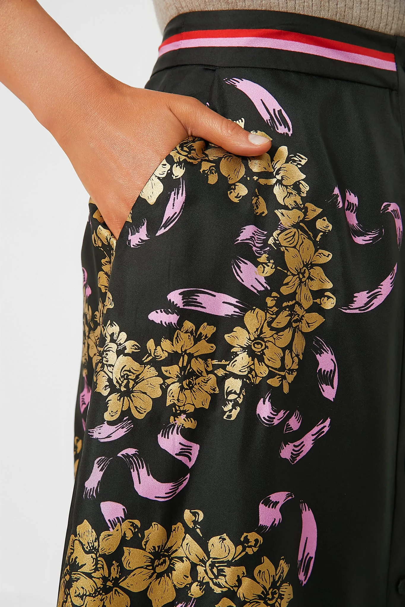 Black and Gold Silk Button Skirt