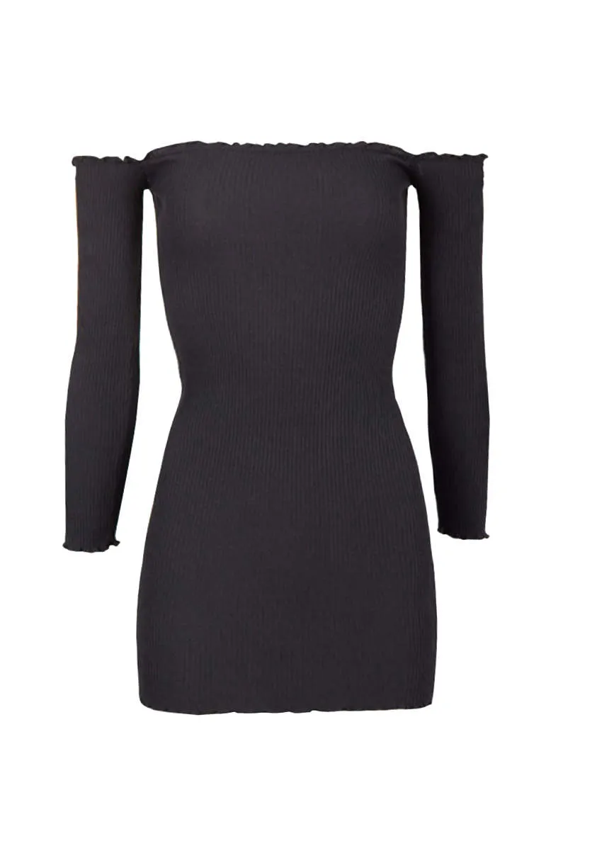 Black Bardot Ruffle Detail Knit Dress