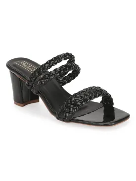 Black Patent Braided Block Heel Mules