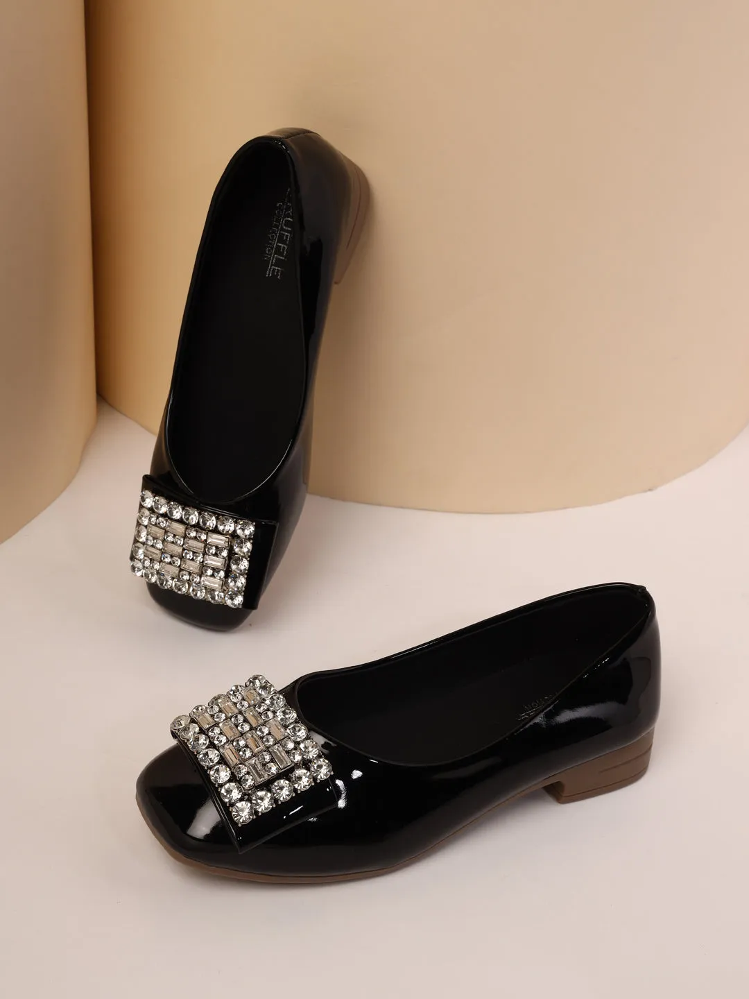 Black Patent Diamonte Ballerina Flats (TC-RS3629-BLK)