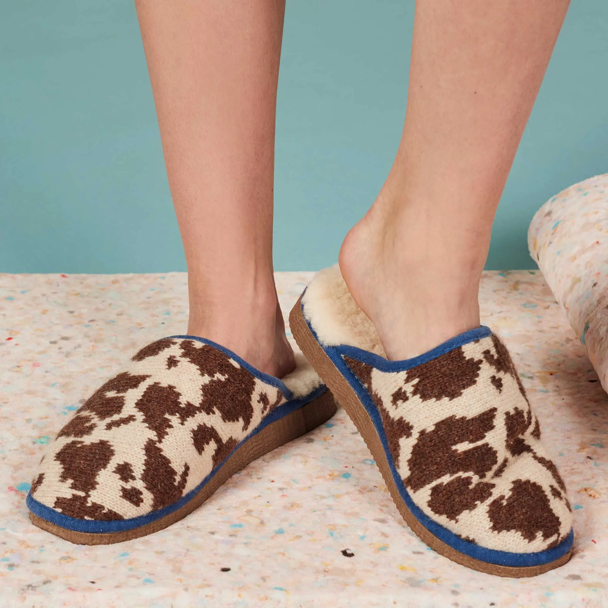 Brown Cow Print Lambswool & Sheepskin Slippers