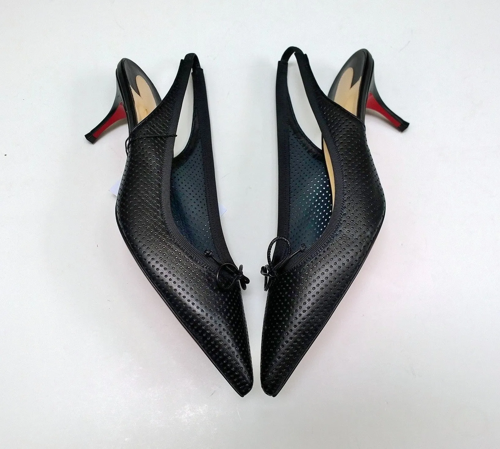 Christian Louboutin Hall Sling 55 Black Perforated Leather Bow Heels