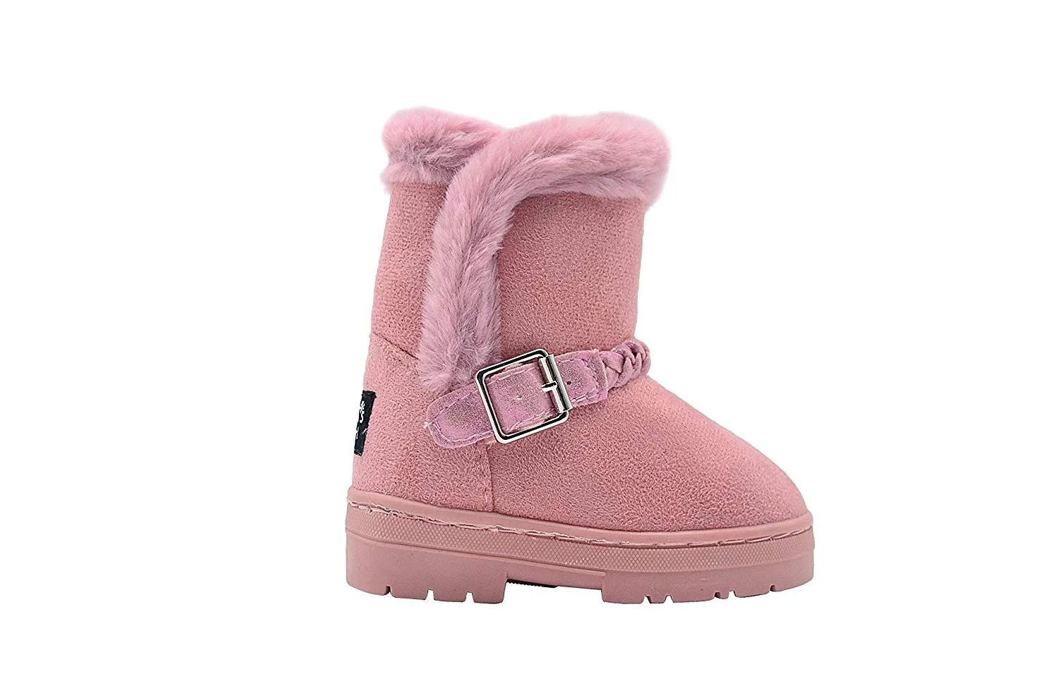 dELiAs Toddler Girls Little Kid Easy Pull On Mid Calf Microsuede Winter Boots with Faux Fur Trim and Braided Strap