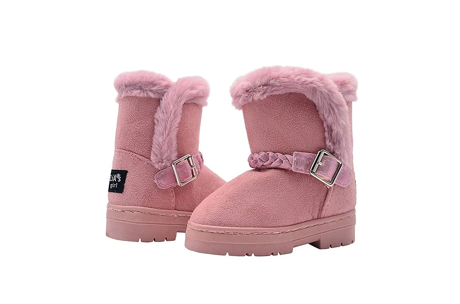 dELiAs Toddler Girls Little Kid Easy Pull On Mid Calf Microsuede Winter Boots with Faux Fur Trim and Braided Strap