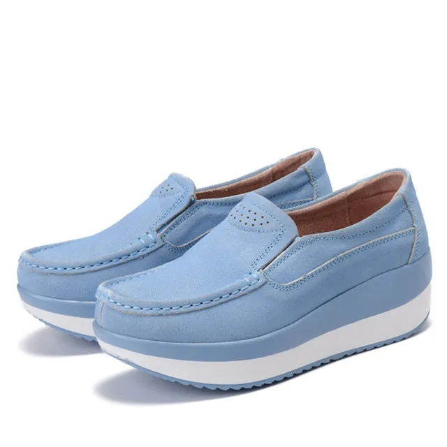 EOFK Women Flat Platform Loafers Ladies Elegant Suede Leather Moccasins Shoes Woman Slip On Moccasin Women's blue Casual Shoes