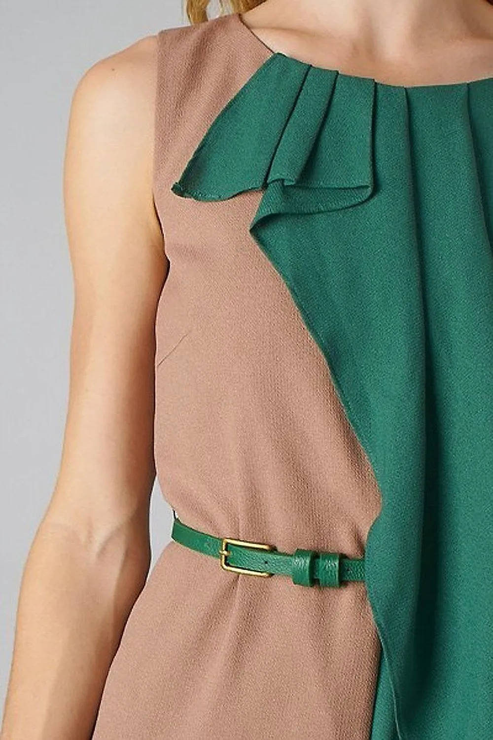 Esley Belted Tan Green Colorblock Sleeveless Ruffle Cocktail Dress