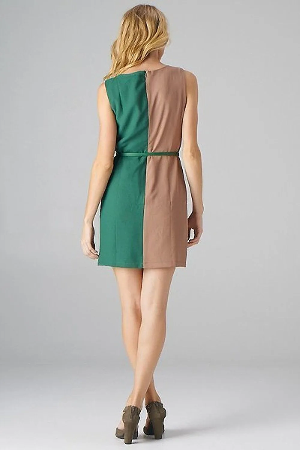 Esley Belted Tan Green Colorblock Sleeveless Ruffle Cocktail Dress