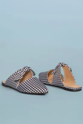 Fiona Bow Pointy Black and White Toe Mules - Gingham