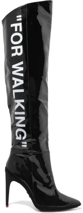 'For Walking' Printed Leather Over-the-Knee Boots, Black