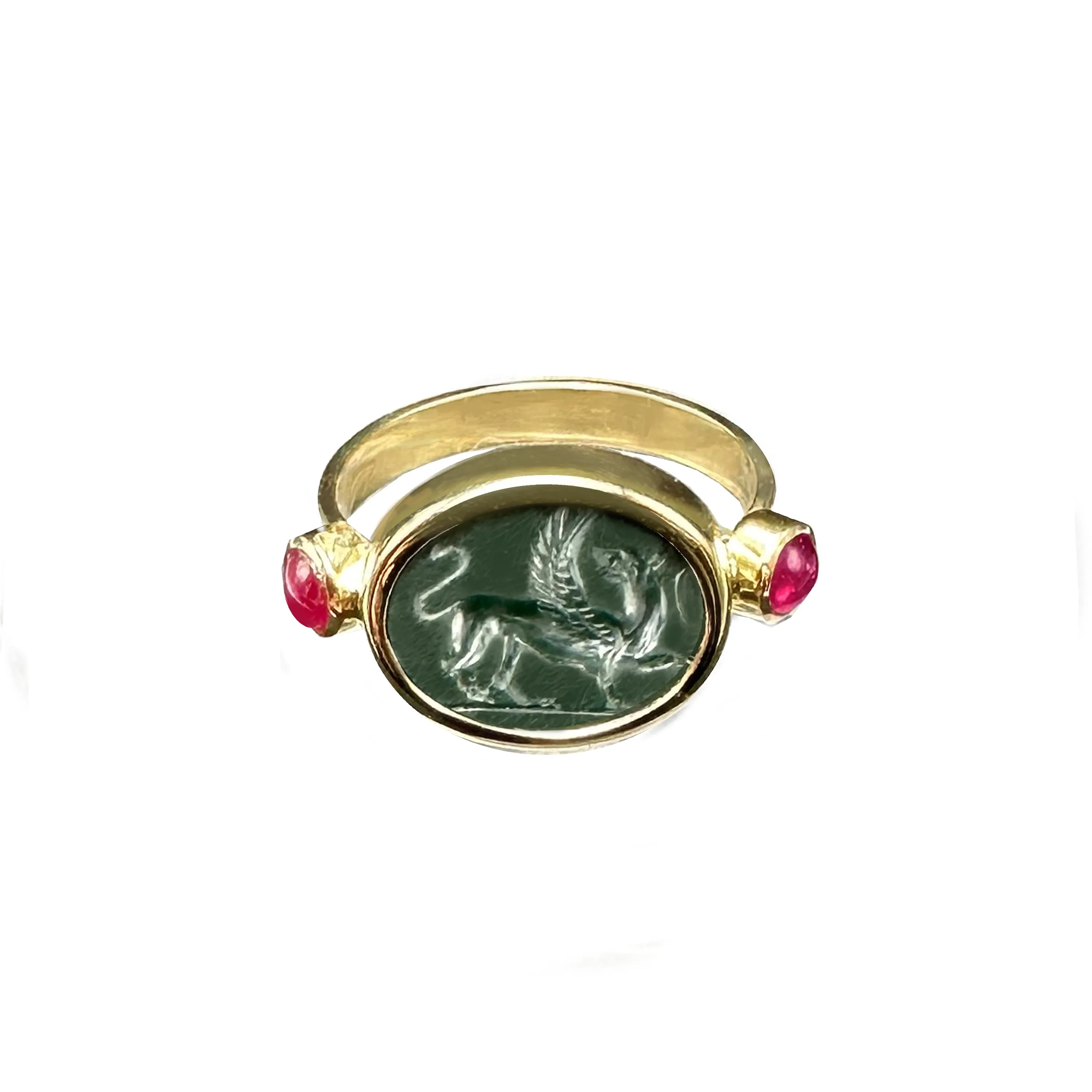 GRIFFIN Authentic Ancient Roman Prasio "Emerald of the Emperors" 1st-2nd century AD 18 kt Gold Ring