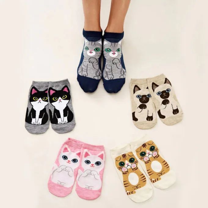 Kawaii Cute Cat Ankle Socks - Set of 5