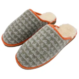 Khaki Green & Grey Triangle Lambswool & Sheepskin Slippers