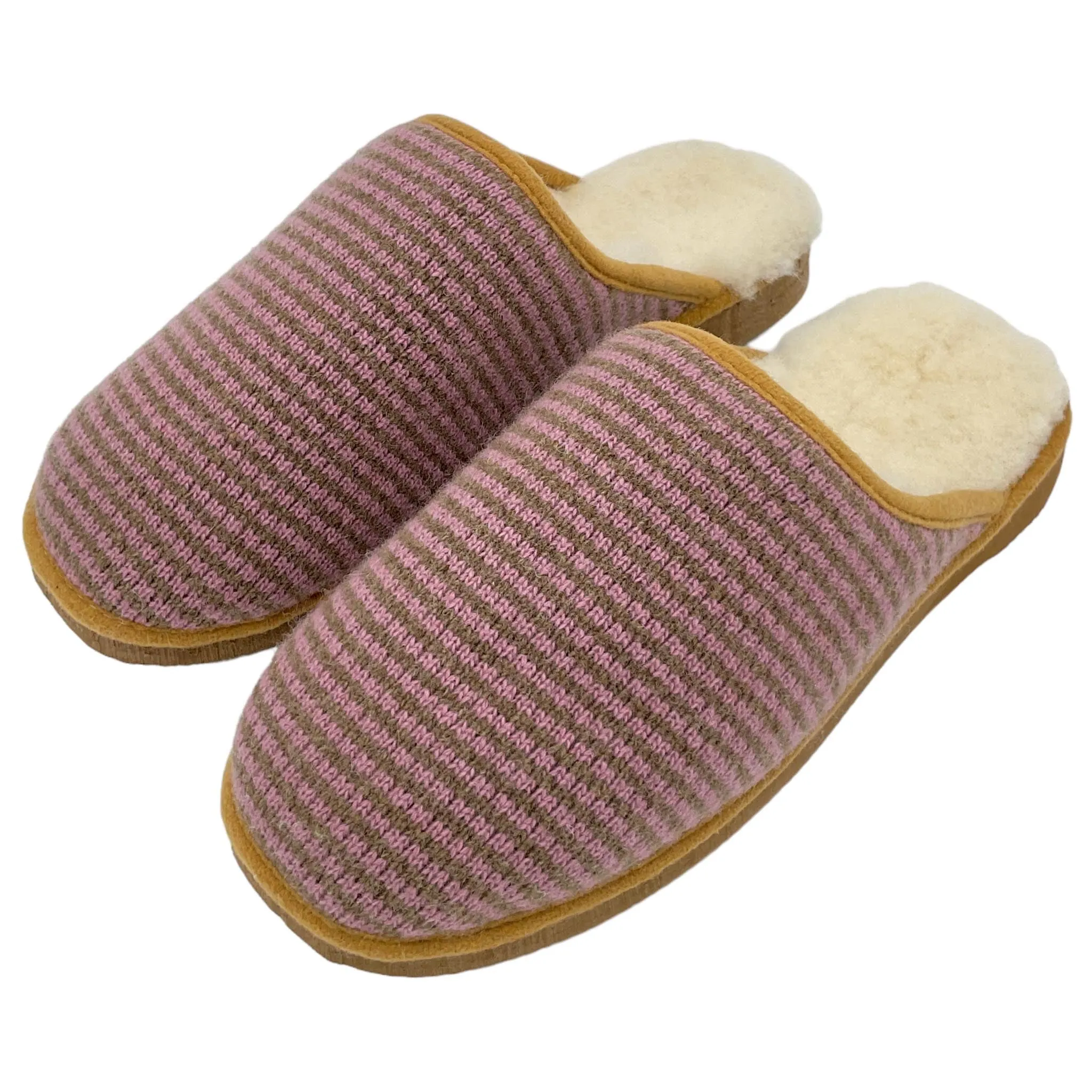 Lilac & Soft Brown Stripe Lambswool & Sheepskin Slippers