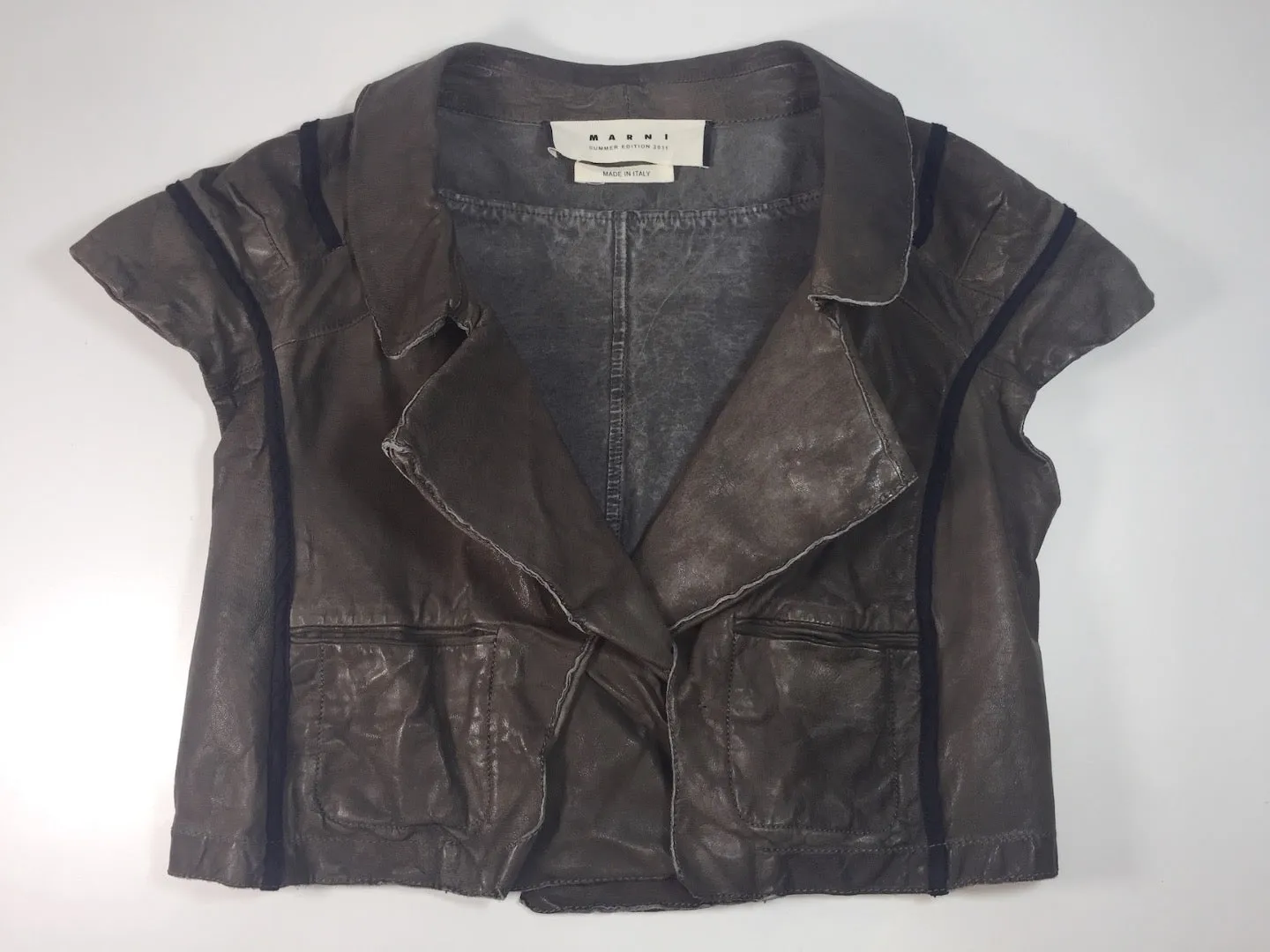 MARNI Charcoal Distressed Leather Cropped Vest Jacket Size 38