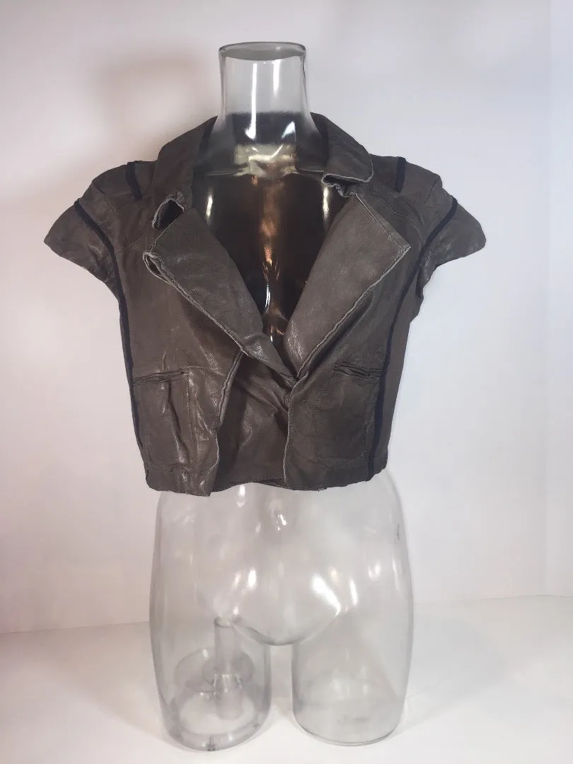 MARNI Charcoal Distressed Leather Cropped Vest Jacket Size 38