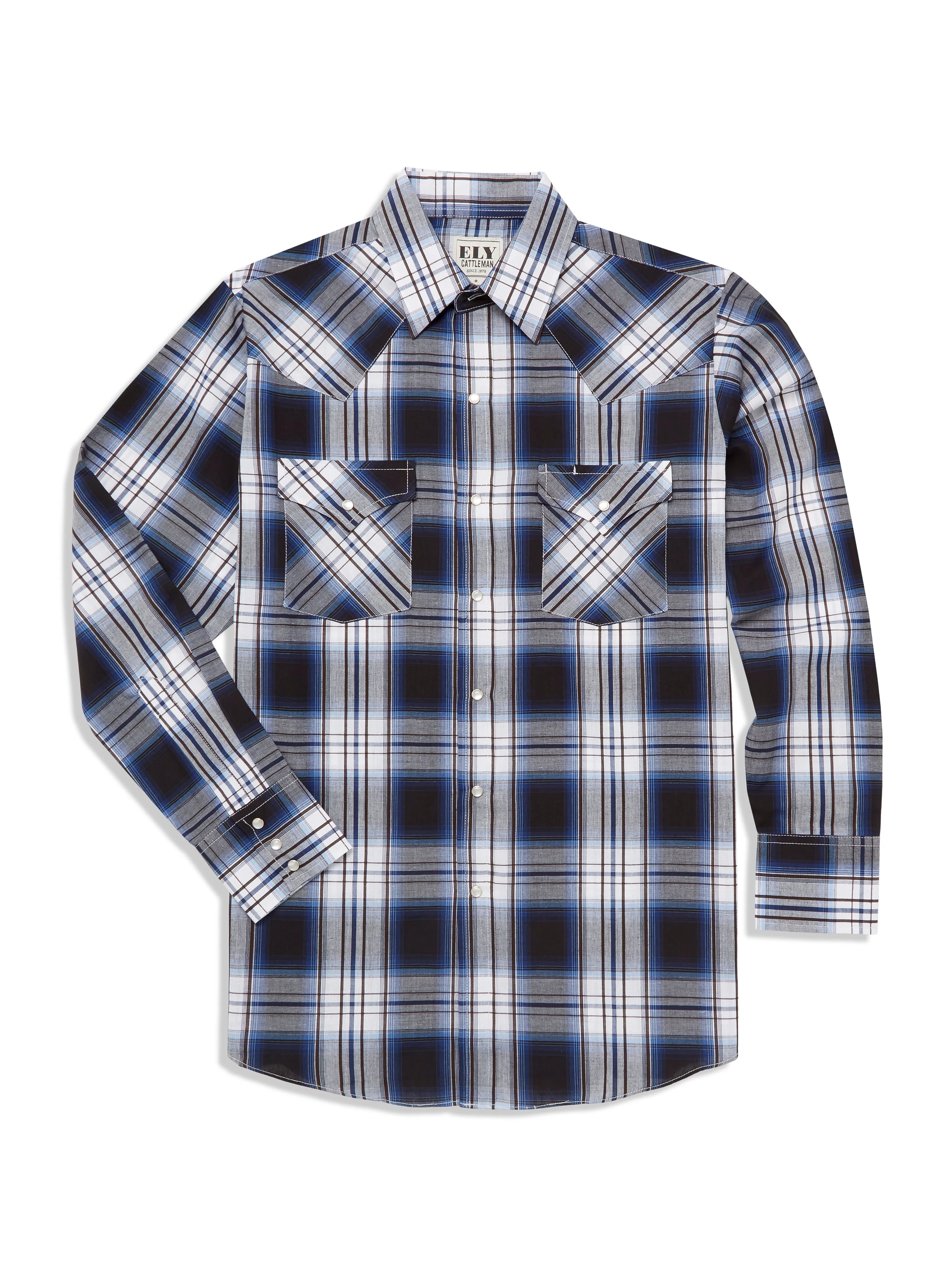 Men's Ely Cattleman Long Sleeve Textured Plaid Western Snap Shirt- Blue & Teal