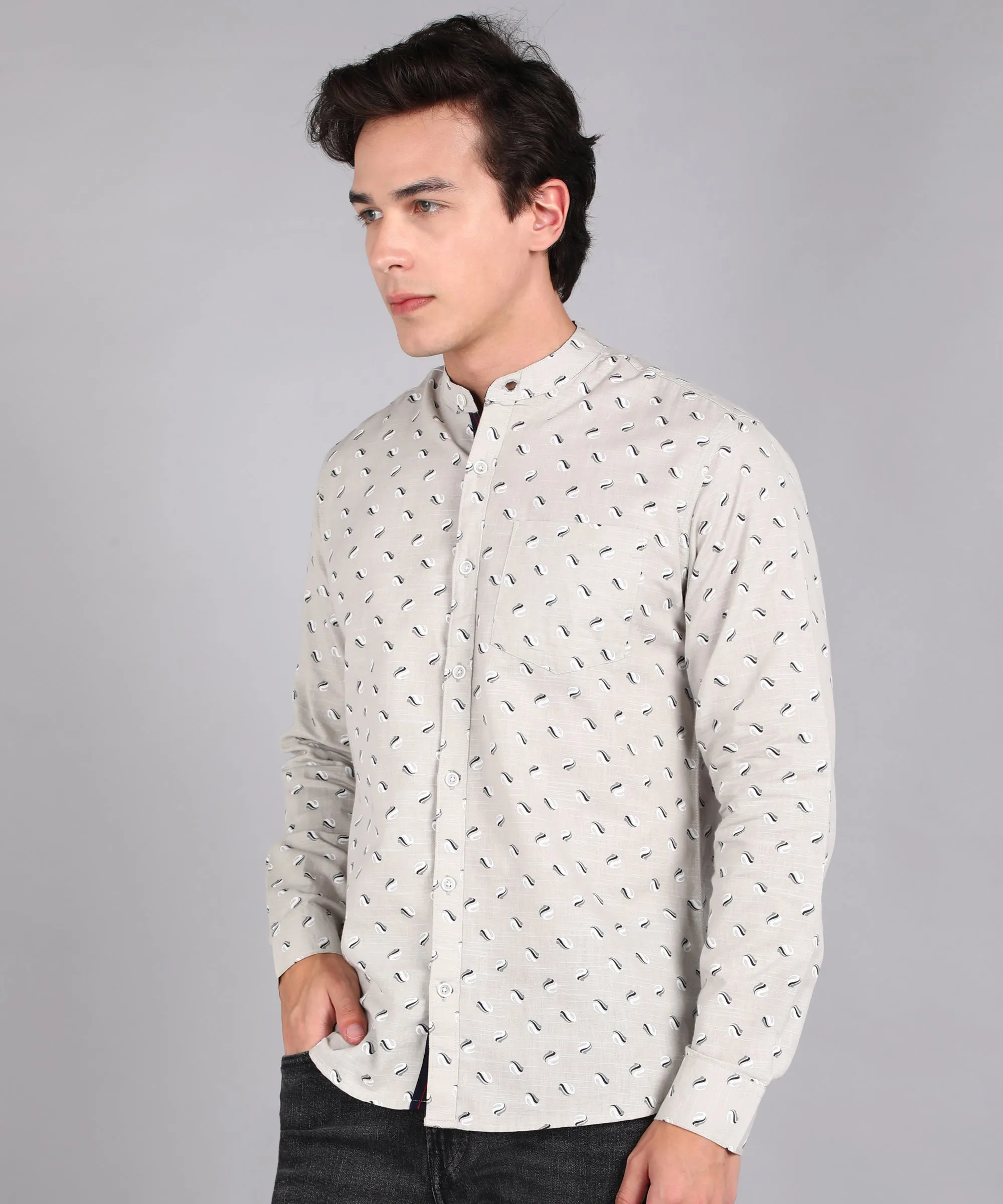 Men's Grey Cotton Full Sleeve Slim Fit Casual Printed Shirt with Mandarin Collar