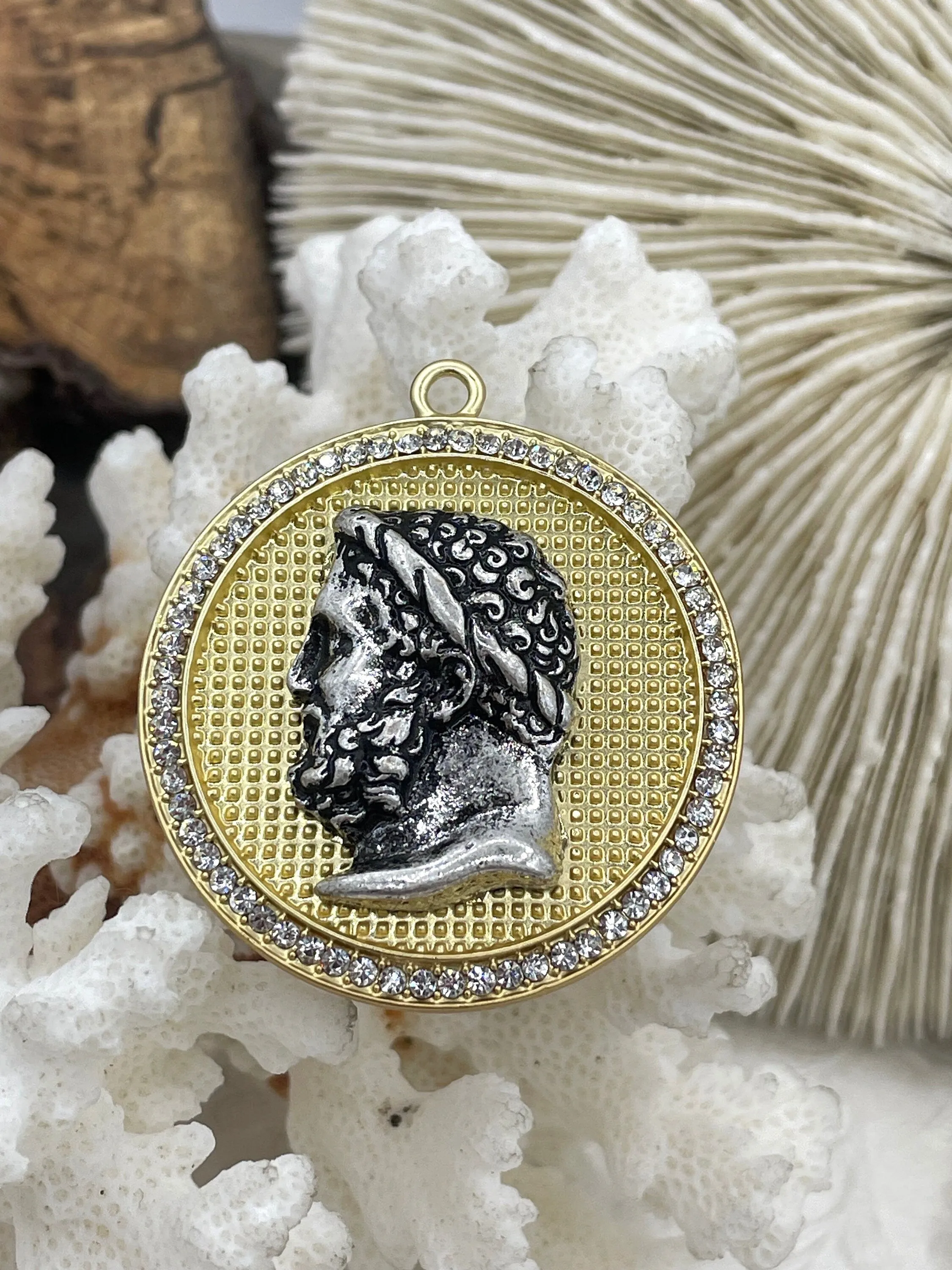 Mixed Metal Roman Figure Pendant with CZ, Round Roman Charm, Roman Figure, Roman Pendant, 3 Styles, Zinc Alloy & Cubic Zirconia, Fast Ship