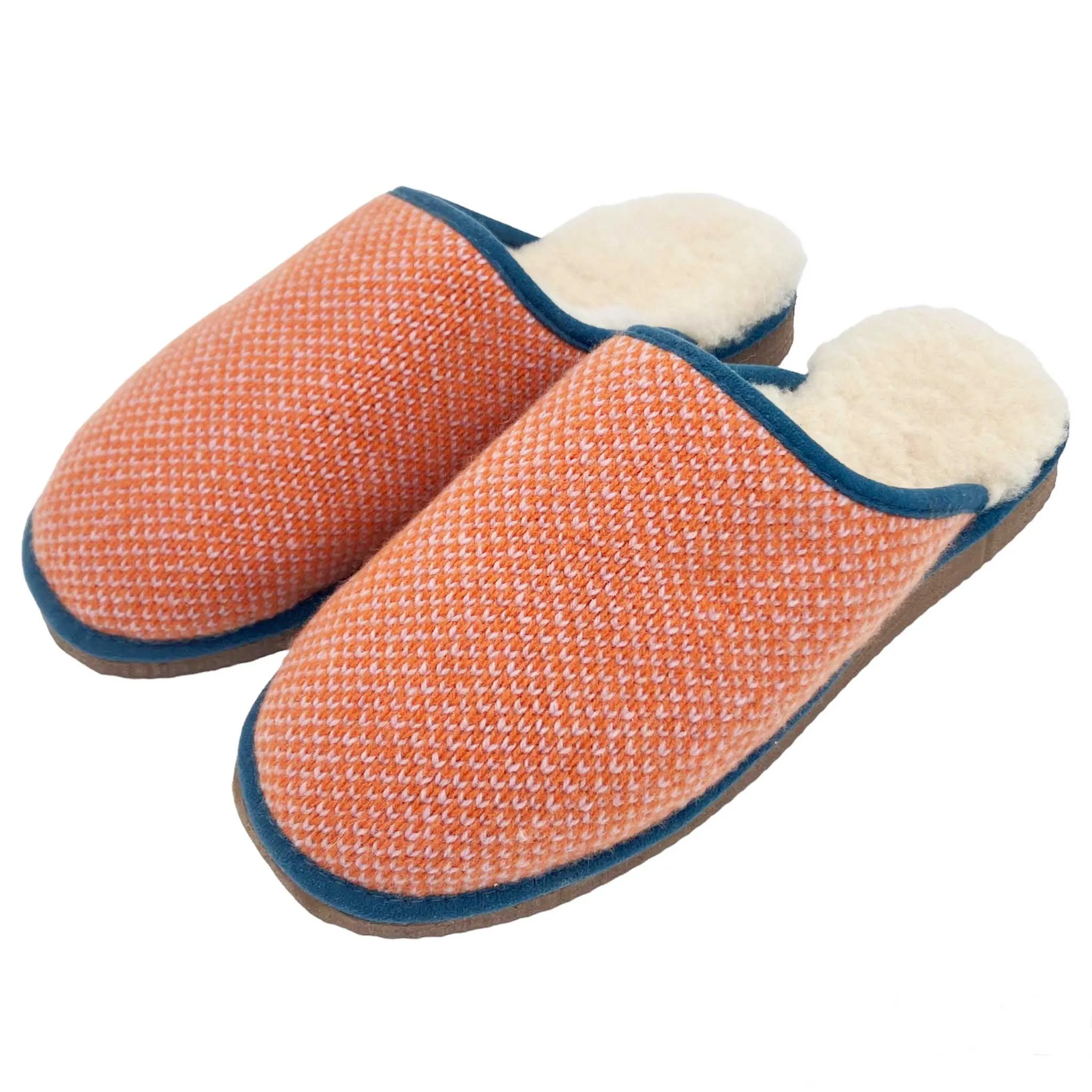 Orange & Light Pink Check Lambswool & Sheepskin Slippers