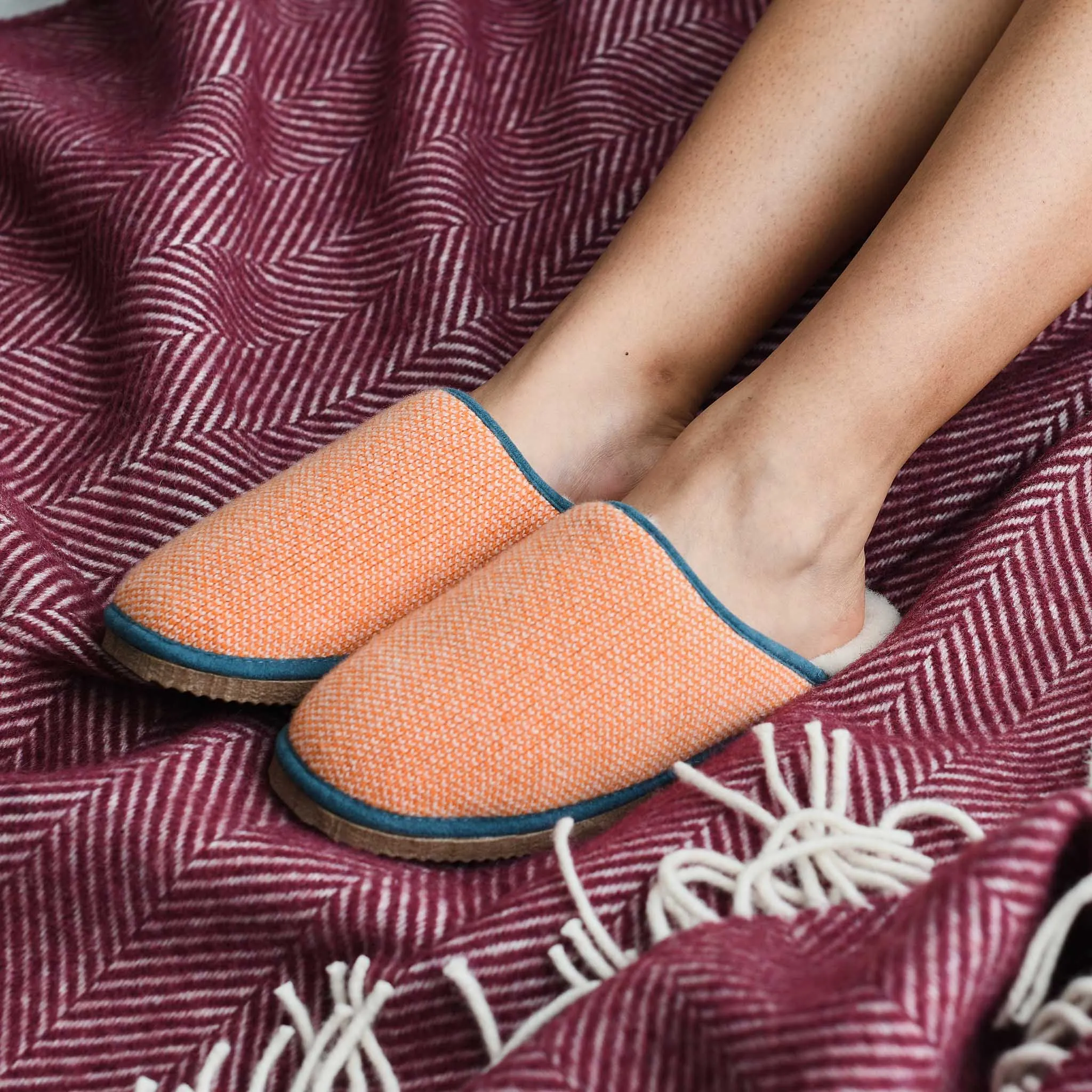 Orange & Light Pink Check Lambswool & Sheepskin Slippers