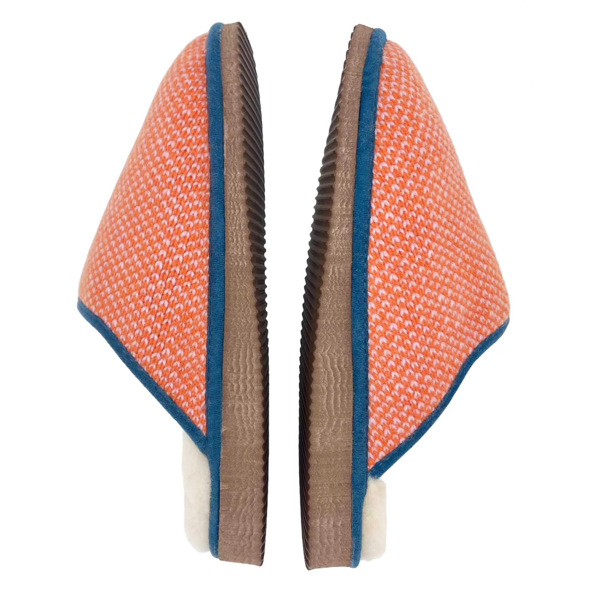 Orange & Light Pink Check Lambswool & Sheepskin Slippers