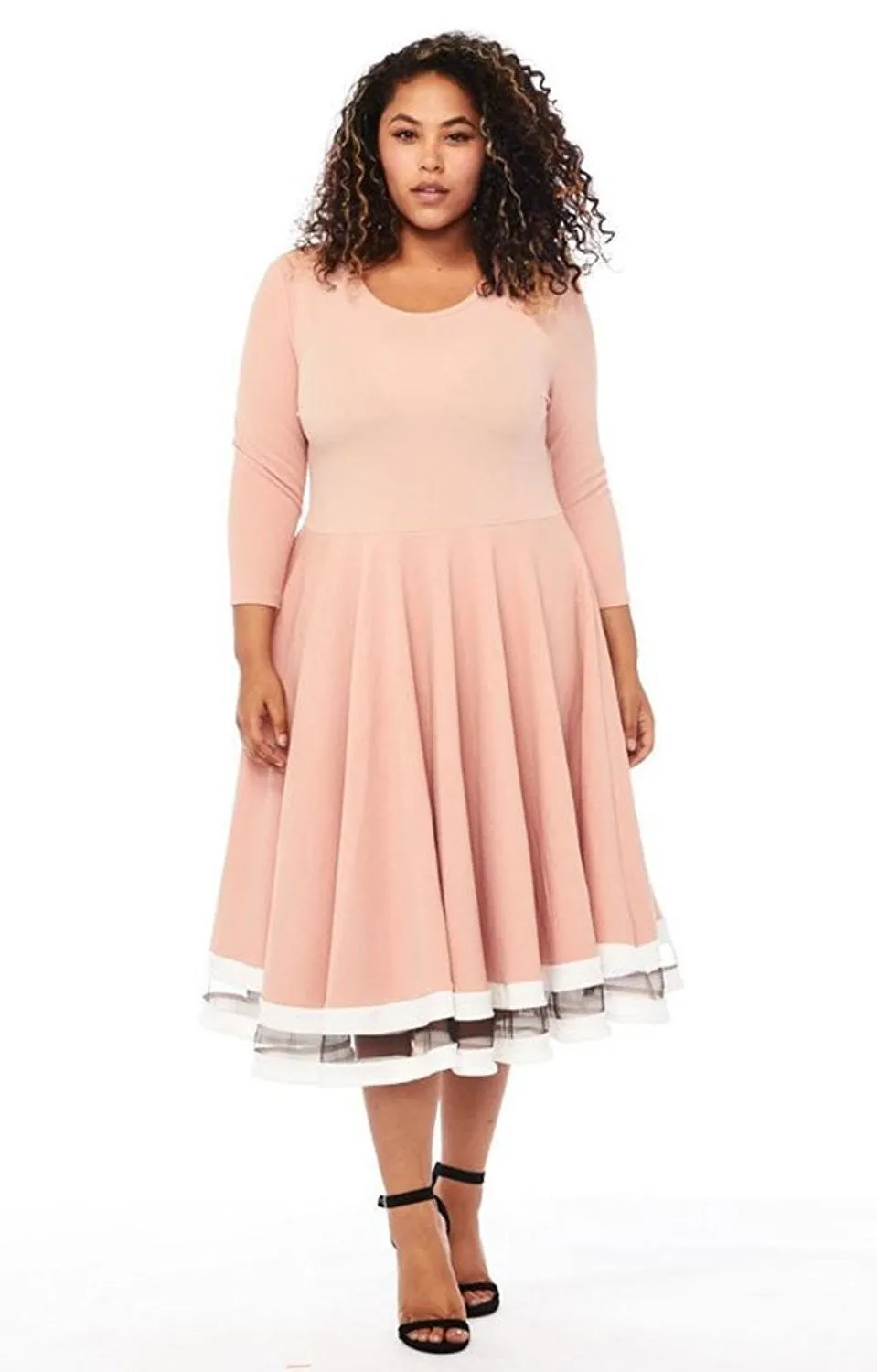 Plus Size Colorblock Mesh Hem Skater Dress with Full Skirt