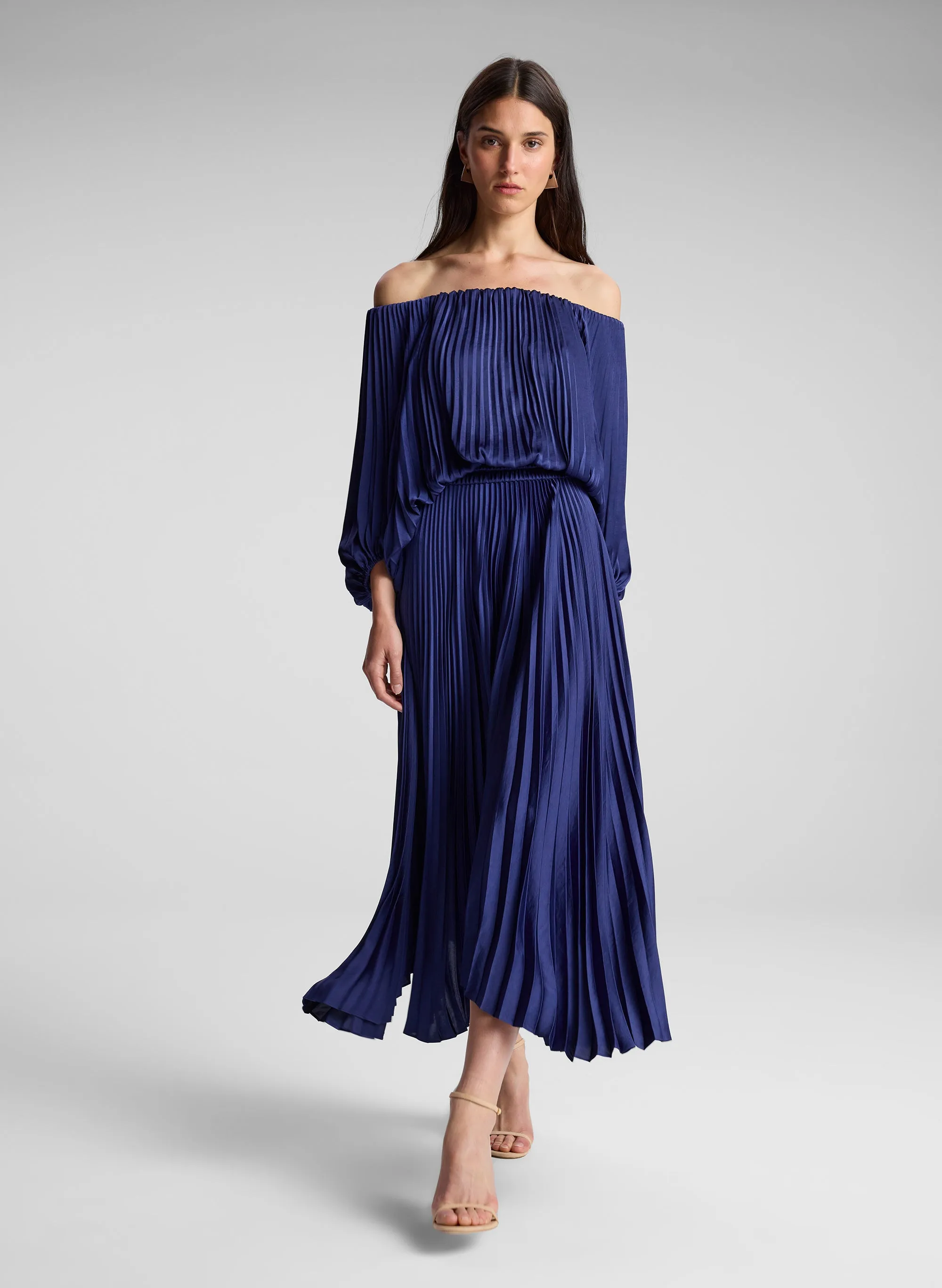 Sienna Satin Pleated Off Shoulder Dress