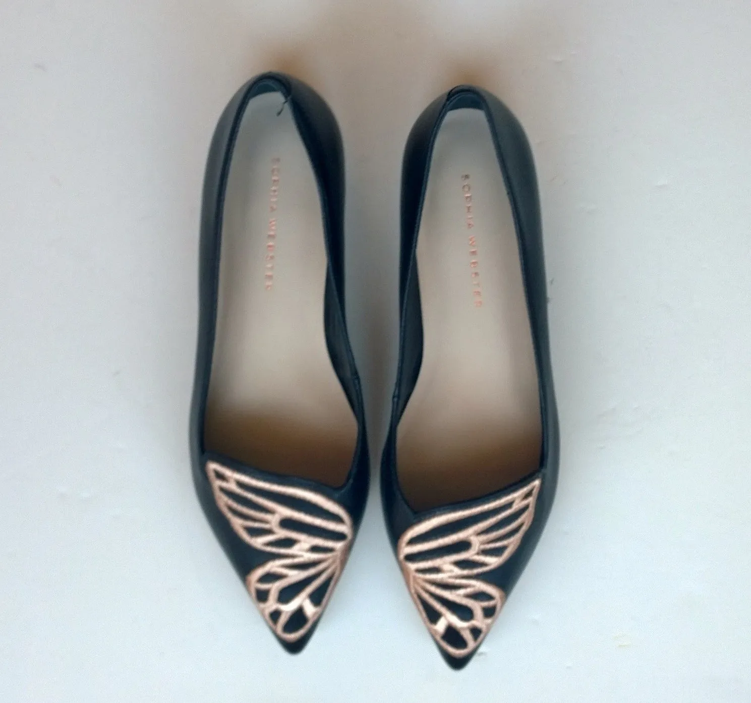 Sophia Webster Butterfly Bibi Flats in Black Leather with Rose Gold