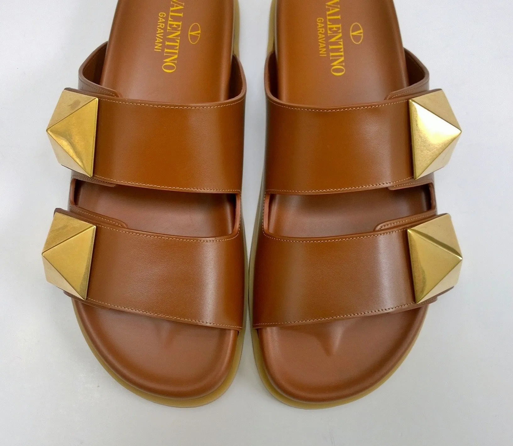 Valentino Garavani Roman Stud Brown Leather Slides with Gold Rockstud Sandals