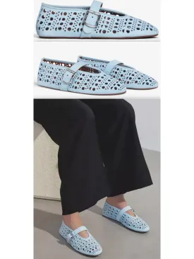 Women’s Cut-Out Buckled Lambskin Ballerina Flats in Sky Blue